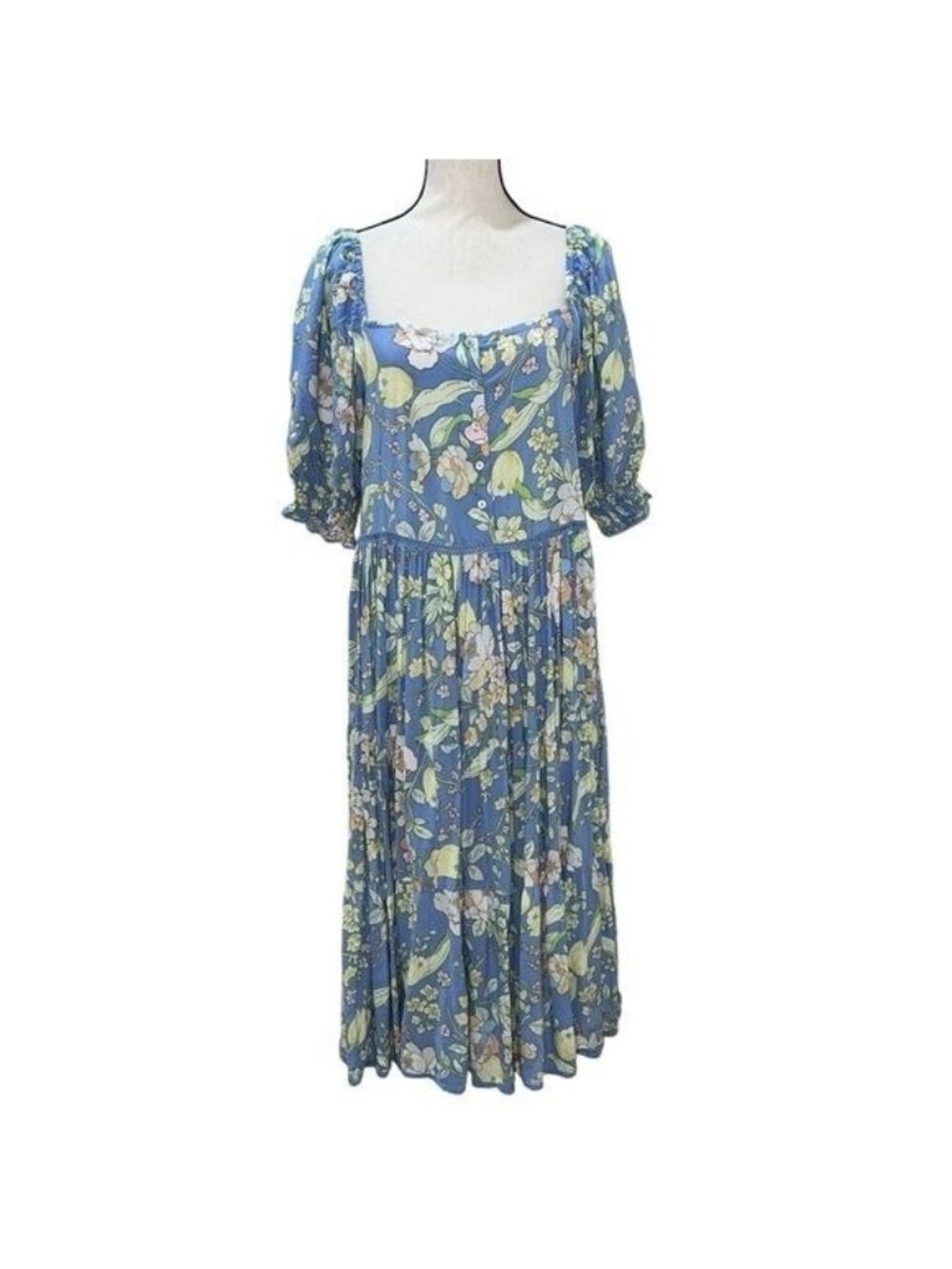Jaase Floral Midi Dress Womens M Blue Yellow Puff Sleeves Smocked Cuffs